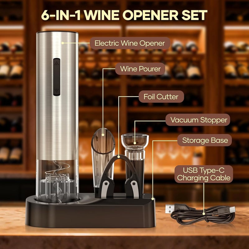 Assark Electric Wine Opener,Automatic Wine Bottle Opener Rechargeable Cordless Electric Corkscrew Wine Opener Gift Set with Wine Stopper, Foil Cutter, Wine Aerator,Storage Base & Charging Cable - Image 5